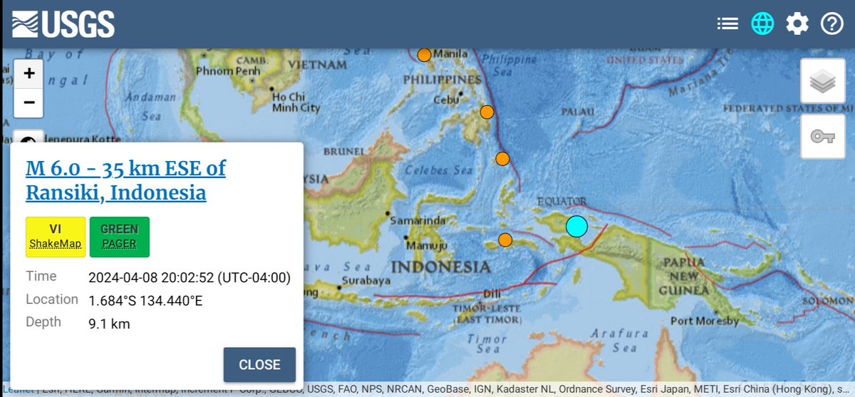 Fuertes #sismo magnitud 6.0 sacude al noroeste de Papúa, Indonesia 🇮🇩 9 km de profundidad según USGS. #Gempa #earthquake