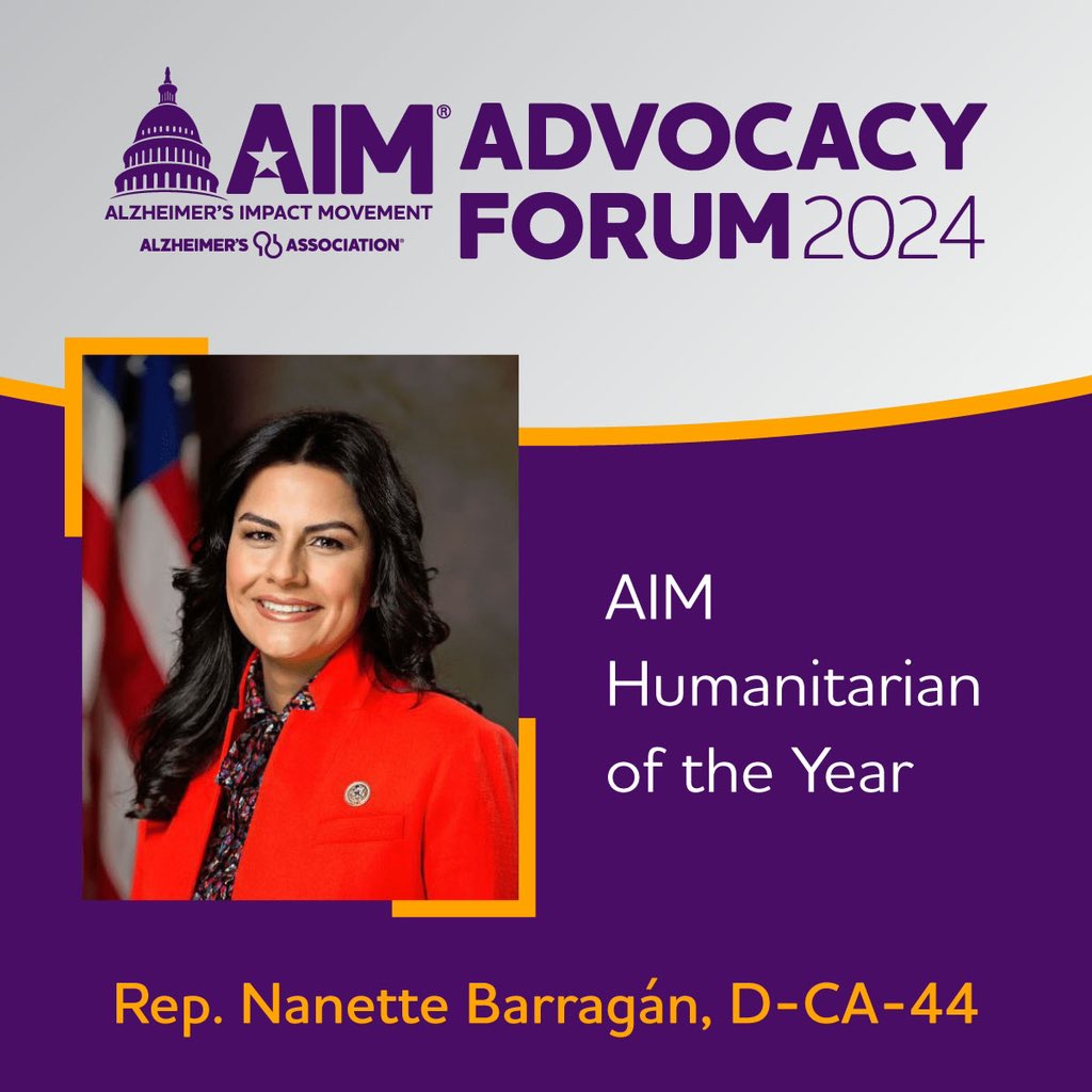 Tonight we recognize @RepBarragan with a 2024 AIM Humanitarian of the Year Award. Thank you for being an unwavering champion for all those impacted by Alzheimer’s and other dementia. #alzforum