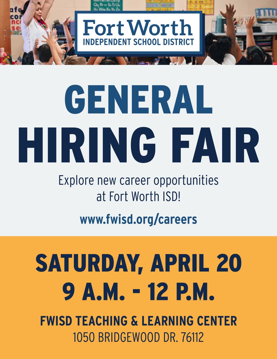 We would love to see you on April 20th for the Fort Worth ISD Hiring Fair! Register now to secure your spot at this fantastic event. #OneFortWorth 

📆 Date: April 20th
⏰ 9 a.m. - 12 p.m.
📍   Fort Worth ISD Teaching and Learning Center
🔗 Register Now: forms.gle/wSp3i9tsVjhLMr…