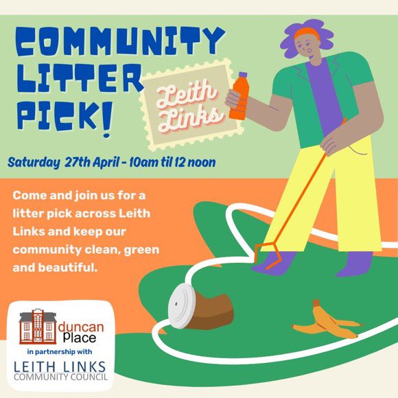 Do please join our community litter pick in Leith Links on Saturday 27 April, 10-12. Meet at Duncan Place Community Hub (next to the school). Bags and litterpickers will be provided, bring your own gloves.
