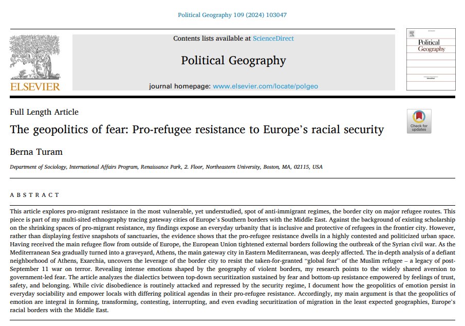 Recently published - The geopolitics of fear: Pro-refugee resistance to Europe's racial security, by Berna Turam, sciencedirect.com/science/articl…