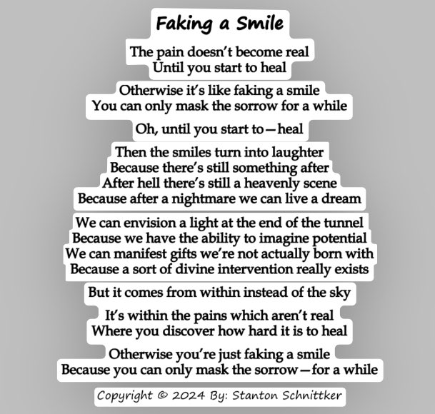 stanton_2o's tweet image. Faking a Smile
Daily Post #636

-

#fake #faking #Smile #artist #art #writer #writing #poetry #poets #poet #poem #poems #FYP #foryou #foryoupage #fypage #foryourpage #Healing #heal #sorrow #dream #nightmare #selfhelp #selfcare #mentalhealth #PoemADay #poetrycommunity #PoetryLover
