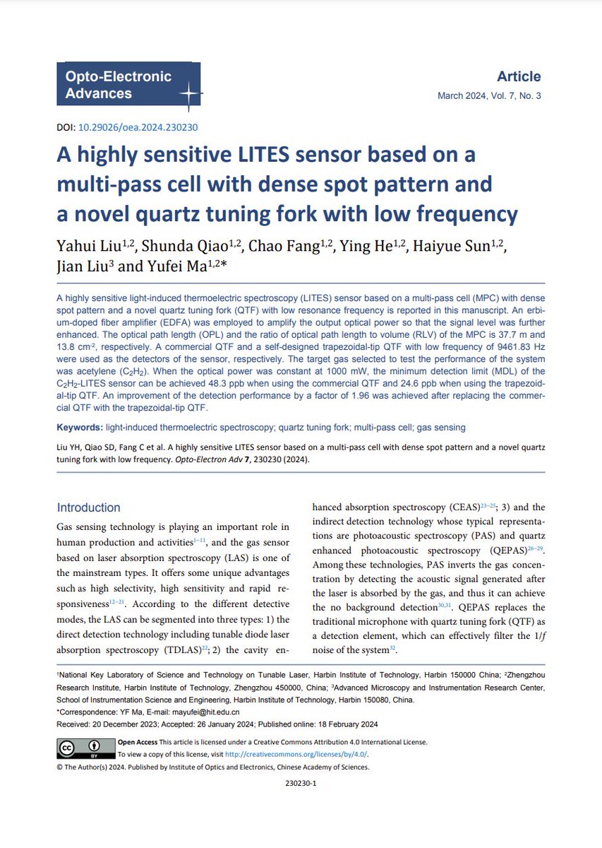 #OEA_highlight A highly sensitive LITES sensor based on a multi-pass cell with dense spot pattern and a novel quartz tuning fork with low  doi.org/10.29026/oea.2… by Prof.#YufeiMa from @HIT_China #thermoelectric #spectroscopy #quartz #sensing