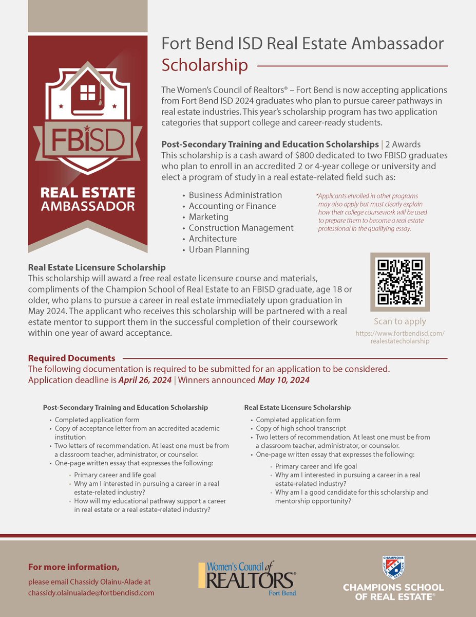 Great news for @FortBendISD Class of 2024 graduates who want to pursue a career in real estate. Thanks to The Women’s Council of Realtors®-Fort Bend there are two scholarship opportunities for students enrolling in an accredited 2 or 4 year college/university.🏠