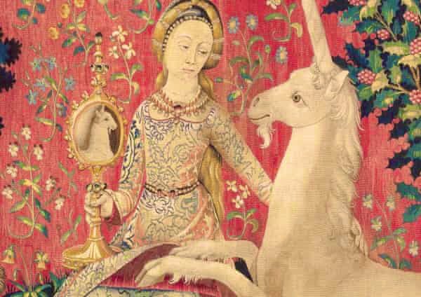 #NationalUnicornDay falls on 9th April. As #Scotland’s heraldic emblem, the #unicorn means bravery, virility, purity & joy. However its whiteness also brings the mystery & magic of the #moon. #Art: The Lady & the Unicorn, C15th #tapestry (detail) @museecluny #FairytaleTuesday