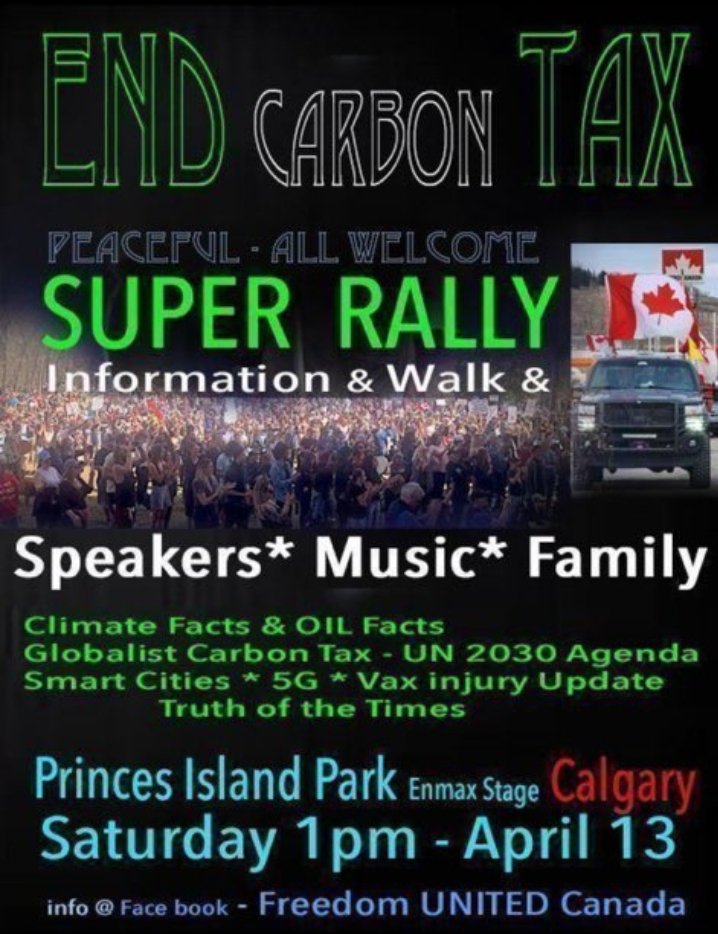 Upcoming Saturday April 13/2024 at 1:00 PM

Going to be a rally against TAXATION TYRANNY over the 🇨🇦 #Cdn #CarbonTax in #Calgary #Alberta at Prince's Island Park

#CarbonTaxProtest #ClimateTaxScam #AxeTheTax #yyc #abpoli #cdnpoli #CalgaryFlames

Map👇
maps.app.goo.gl/LSFPn2kVNarLC1…
