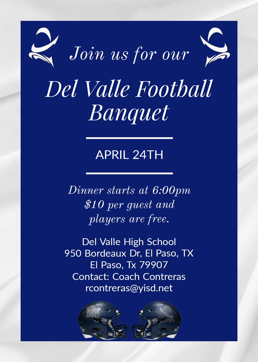 🏈Del Valle Football 🏈 Our 2024 Del Valle Football banquet is just around the corner. For ticket information please contact Coach Rudy Contreras. OFOD! @ContrerasDVOFOD