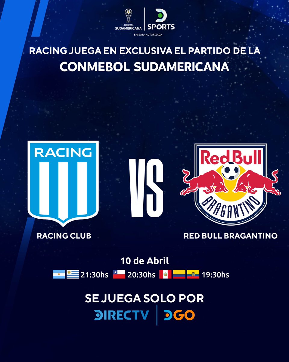 Se viene el segundo duelo de Racing en la CONMEBOL Sudamericana y podrás disfrutarlo en EXCLUSIVA por @dsports Contrata DGO: quiero.directvgo.com/ACA Válido para 🇦🇷🇪🇨🇨🇴
