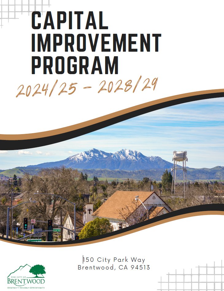 On April 9th at 5:30 p.m., the City Council will hold a public workshop on the proposed 2024/25 – 2028/29 Capital Improvement Program (CIP). The CIP is a 5-year plan addressing the City’s future infrastructure needs. CIP Draft - brentwoodca.gov/government/fin…