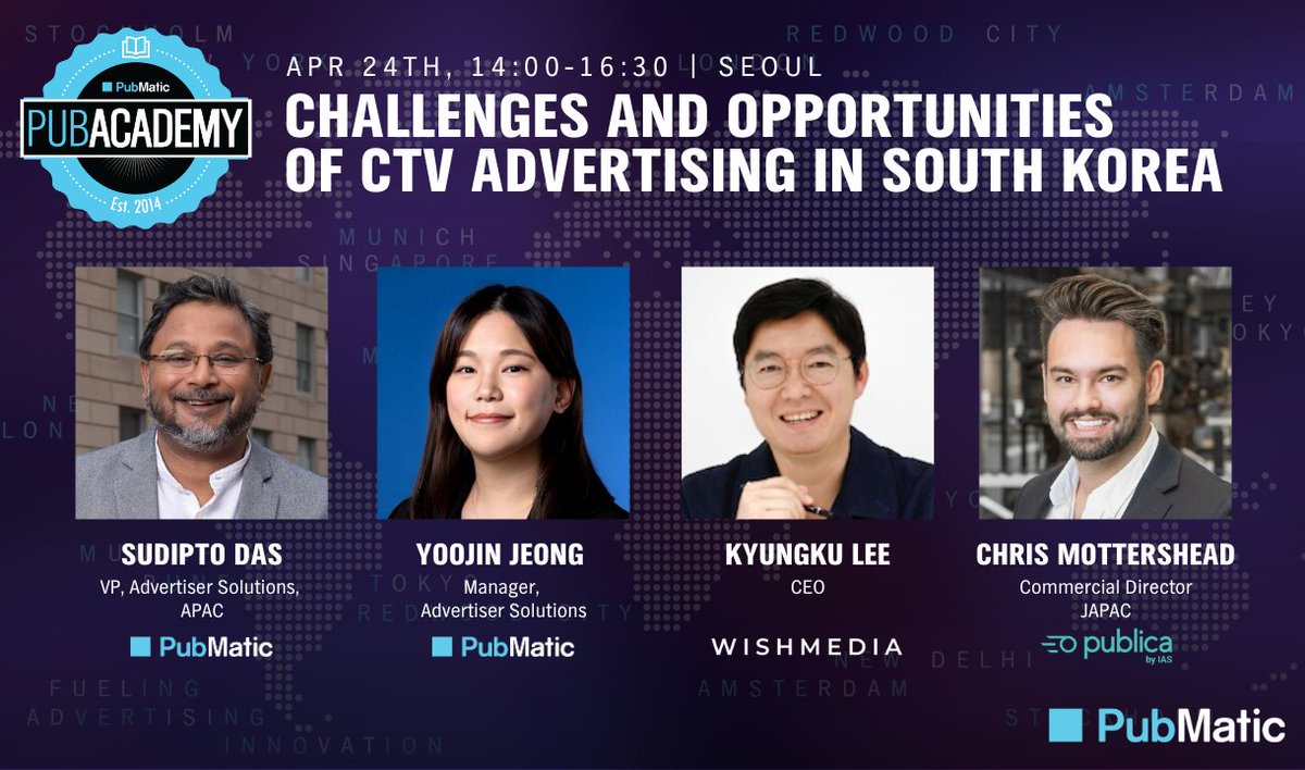 We will be discussing the challenges and opportunities of CTV advertising at PubAcademy Korea on April 24th, joined by Sudipto Das and Yoojing Jeong from PubMatic, Chris Mottershead from Publica, and Richard Lee from WishMedia. Register now: events.pubmatic.com/pubacademykore…
