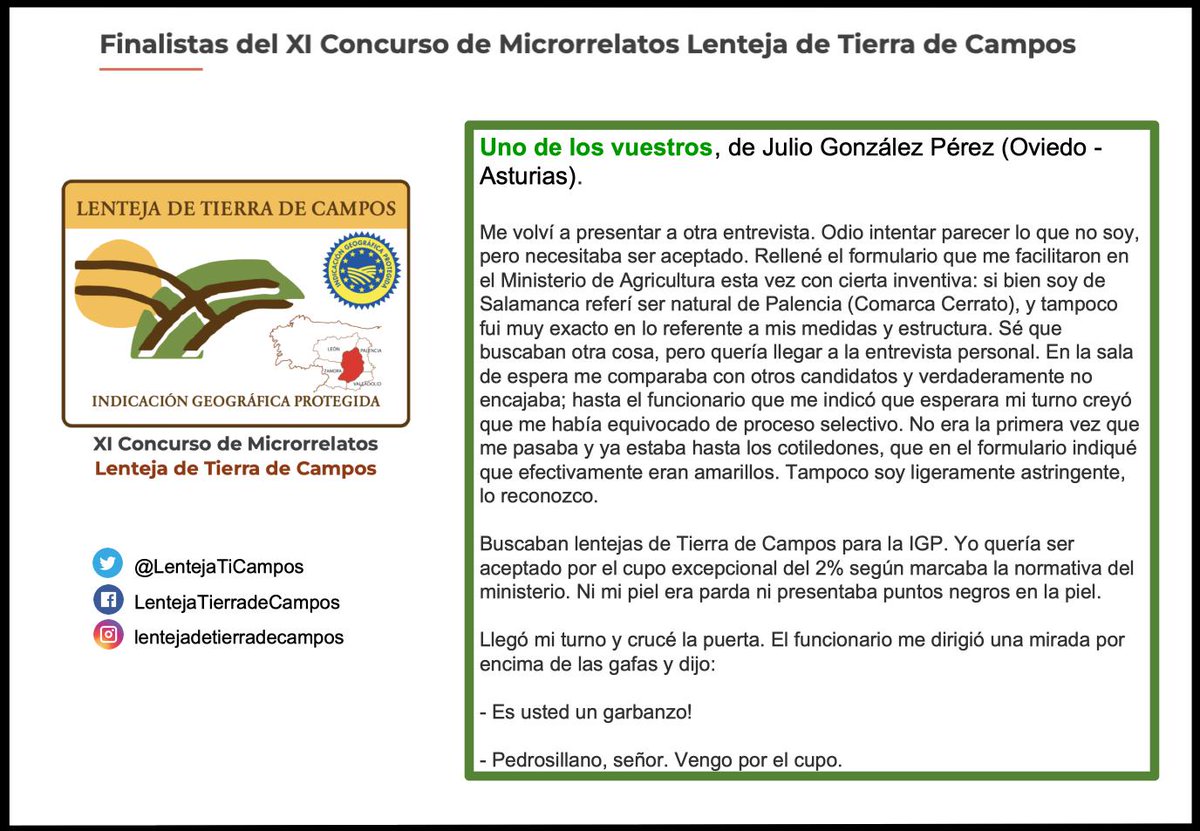 En el 'XI Concurso de Microrrelatos #LentejaDeTierraDeCampos' hemos recibido 5️⃣9️⃣6️⃣ #microrrelatos. Hoy compartimos con vosotros uno de los textos finalistas del concurso: * 'Uno de los vuestros', de Julio González Pérez (Oviedo - Asturias).