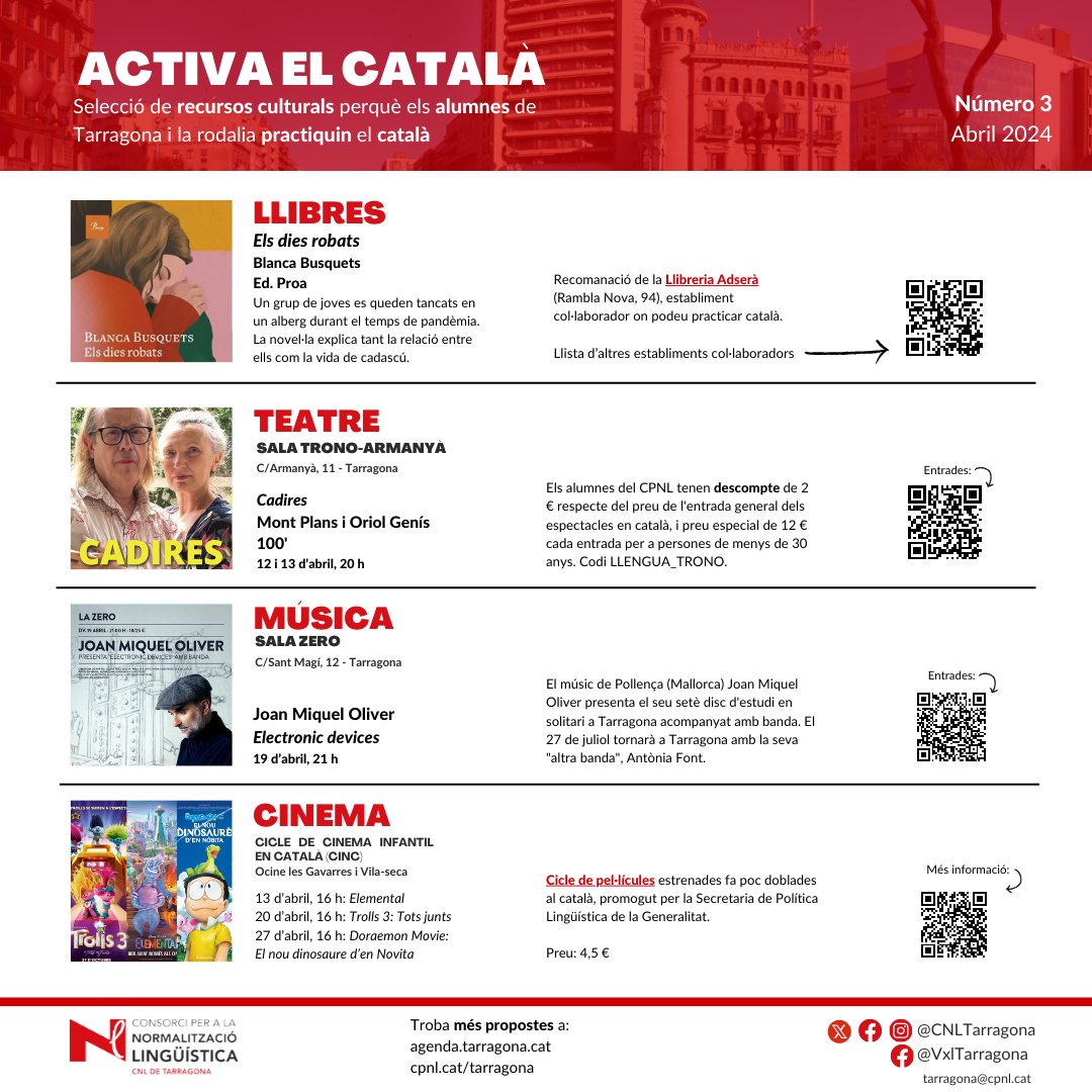 Activa el català! 🗒
🎷Música, 🎭teatre, 🎬cinema i 📚 llibres per aprendre llengua. 

Amb la col·laboració de @llibreriaadsera 

#ProvemHoEnCatalà 
@cpnlcat @cat_cine