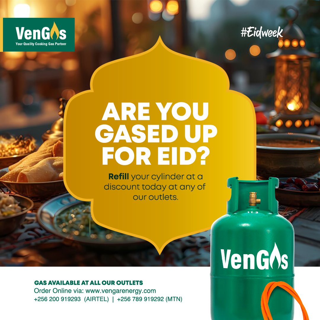 VengasUG's tweet photo. Ensure you have uninterrupted cooking this Eid by refilling your VenGas cylinder today at a discount.

#RamadanPreparation #CookWithVenGas #VenGasDiscounts https://t.co/c9tIuclC2r