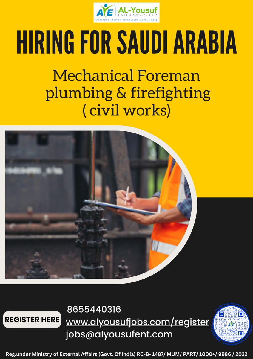 HR13-#JobsInSaudiArabia #Hiring for #Saudi #Arabia 

Email – jobs@alyousufent.com

Contact Details- 8655440316

#Mechanical_Foreman_plumbing_firefighting ( civil works)
#MEP_Foreman