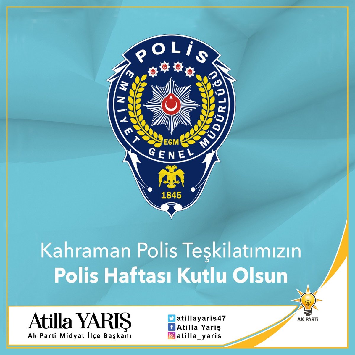 Al bayrağımızın gölgesinde kahramanca görev yapan tüm polislerimizin #PolisHaftası kutlu olsun.

Vatanımız için can veren şehitlerimizi rahmetle anıyor, gazilerimize sağlıklı ve uzun bir ömür diliyorum.

#TürkPolisTeşkilatı179Yaşında