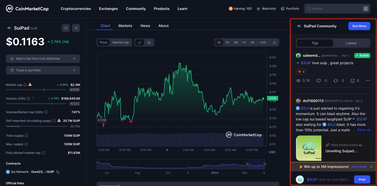 🎉 We've been granted early access to the 'Live Discussion Board' feature on @CoinMarketCap.

🙏 Huge thanks for this amazing opportunity!

💬 Join #SuiPad for engaging real-time discussions. coinmarketcap.com/currencies/sui…