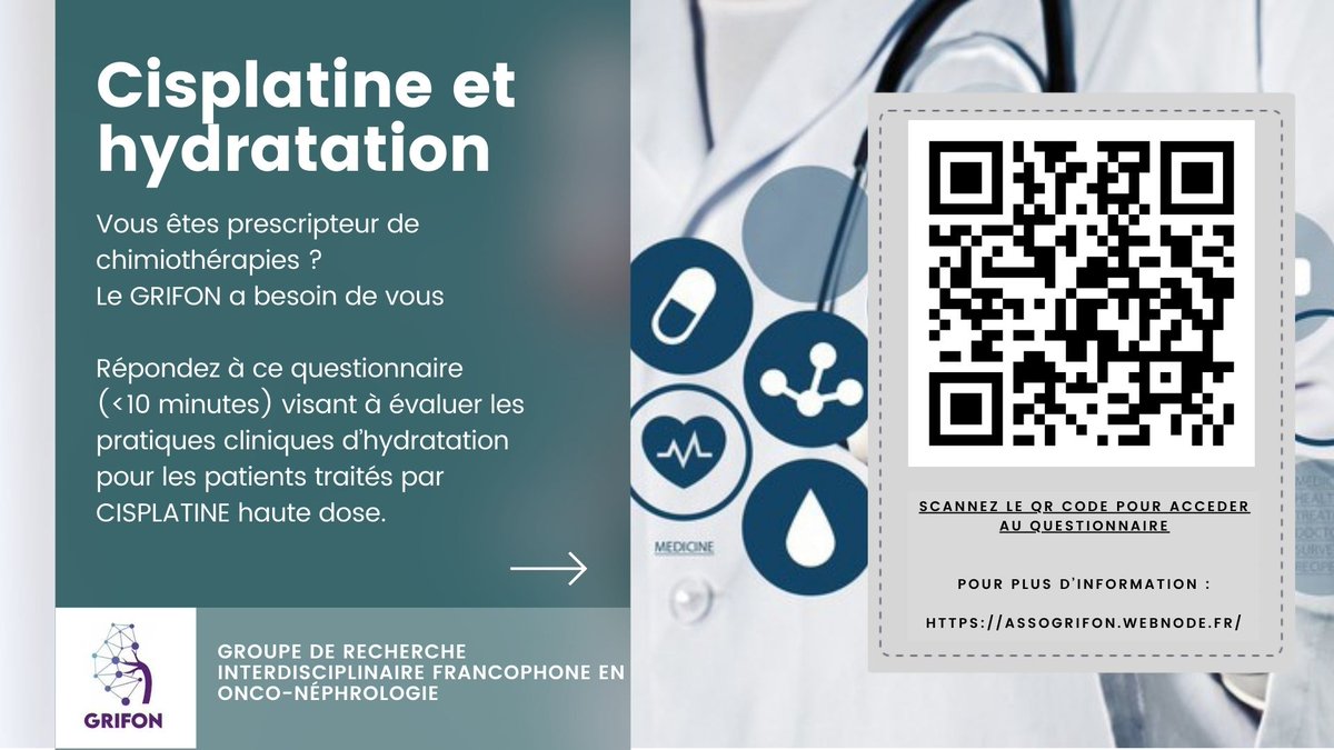 Si vous prescrivez du Cisplatine votre avis nous intéresse ! 
Par ce questionnaire, nous cherchons à évaluer les différentes pratiques d'hydratation des patients sous cisplatine haute dose (&gt; 50 mg/m²).🎯

Répondez au questionnaire : sondageonline.fr/s/emrxxm3

Partages apprécies🔄