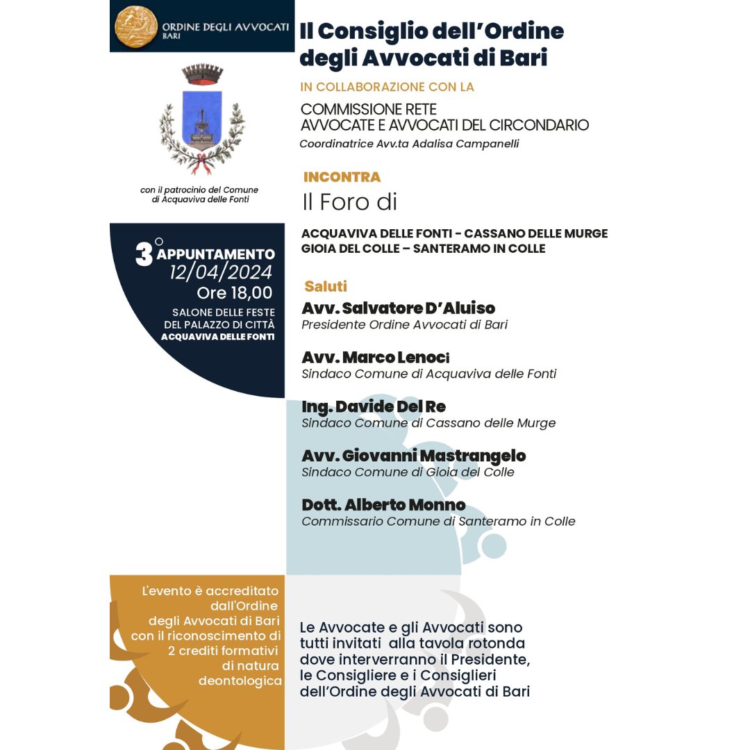 Terzo appuntamento itinerante del Consiglio dell'Ordine degli #Avvocati di #Bari.
Nell'ottica di una sempre maggiore vicinanza del Consiglio al territorio, il prossimo incontro si terrà ad #Acquaviva delle Fonti il 12 aprile (Ore 18 nel Salone delle Feste di Palazzo De Mari).