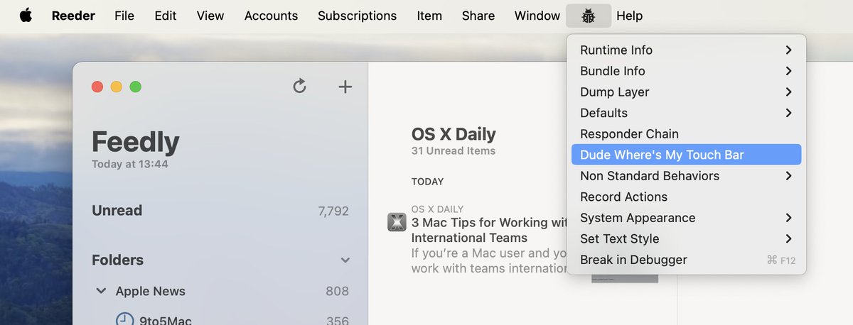tualatrix's tweet photo. 今天朋友告诉我一个 macOS App 的 Debug 技巧：只要在任何 App 启动时加“-_NS_4445425547 YES”这个参数，就会在菜单栏获得一个超有用的🐛菜单，方便 Debug。超赞的！

比如我将 Reeder 这款 App 进入了这个模式：

来源：https://t.co/mpwElLMV97 https://t.co/yX0wz1SqNB