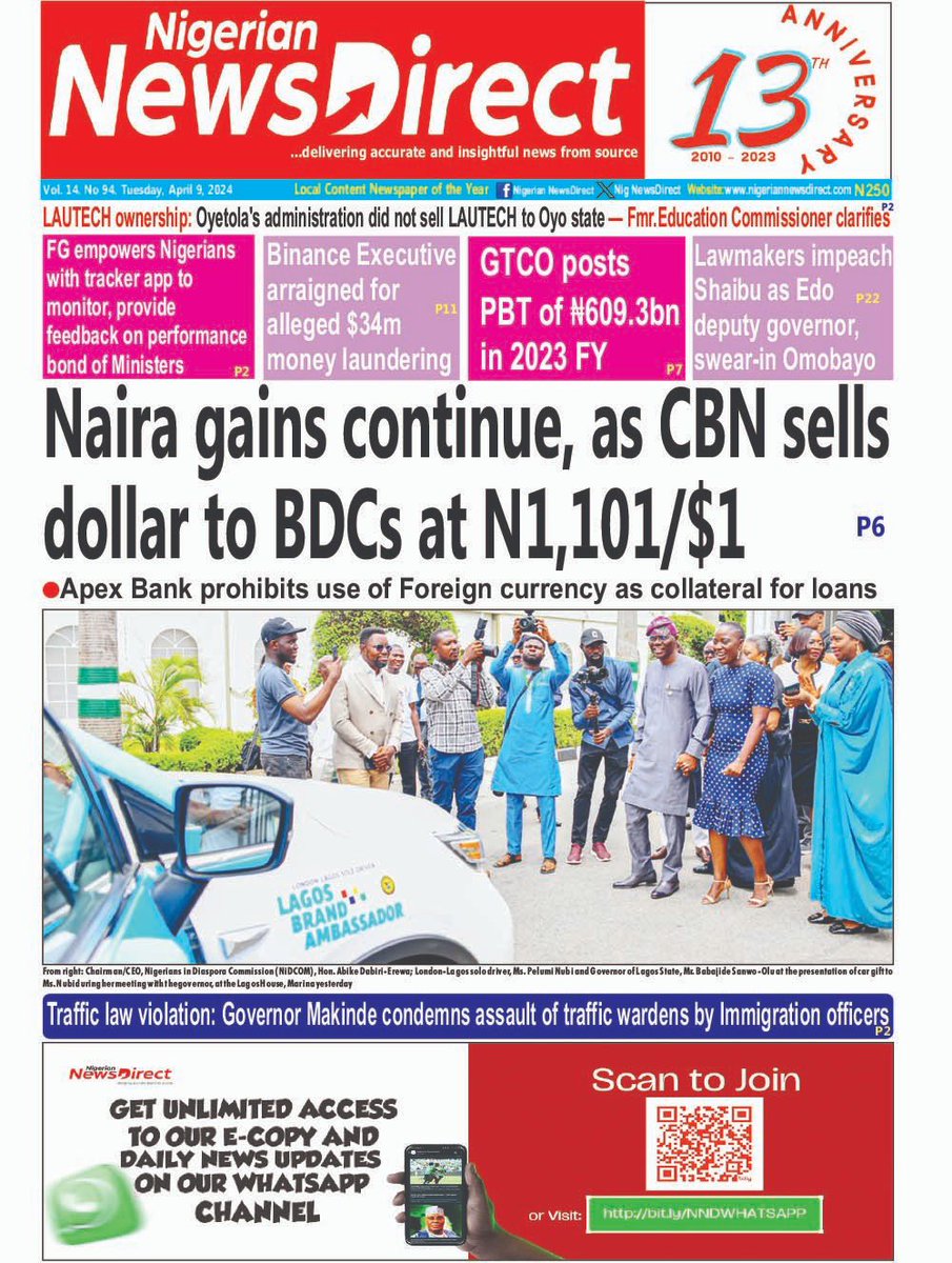Today’s front page.

#nigeriannewsdirect  #newsdirect #frontpage #nigeriannewspaper