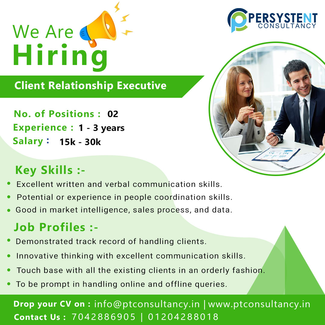 Hiring Client Relationship Executive
Experience - 1 - 3 years
Location - Noida Sector 62
Apply at link :- bit.ly/hiring-client-…
Key Skills:- Communication Skills, Customer Service, Problem-Solving, Negotiation Skills, etc.
Mail id:- ptcon2020@gmail.com
#relationshipmanager #job