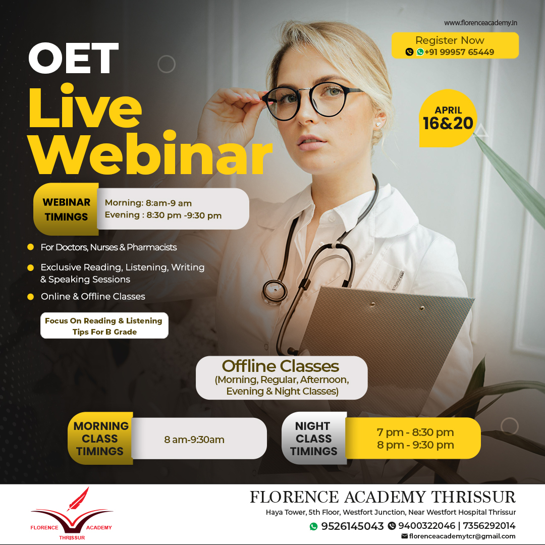 Join our OET live webinar on April 16th and 20th! Can't make it online? No worries, we offer offline morning classes from 8am to 9:30am, and night classes from 7pm to 8:30pm or 8pm to 9:30pm. Don't miss this opportunity to boost your skills! Register now

#OET #LiveWebinar