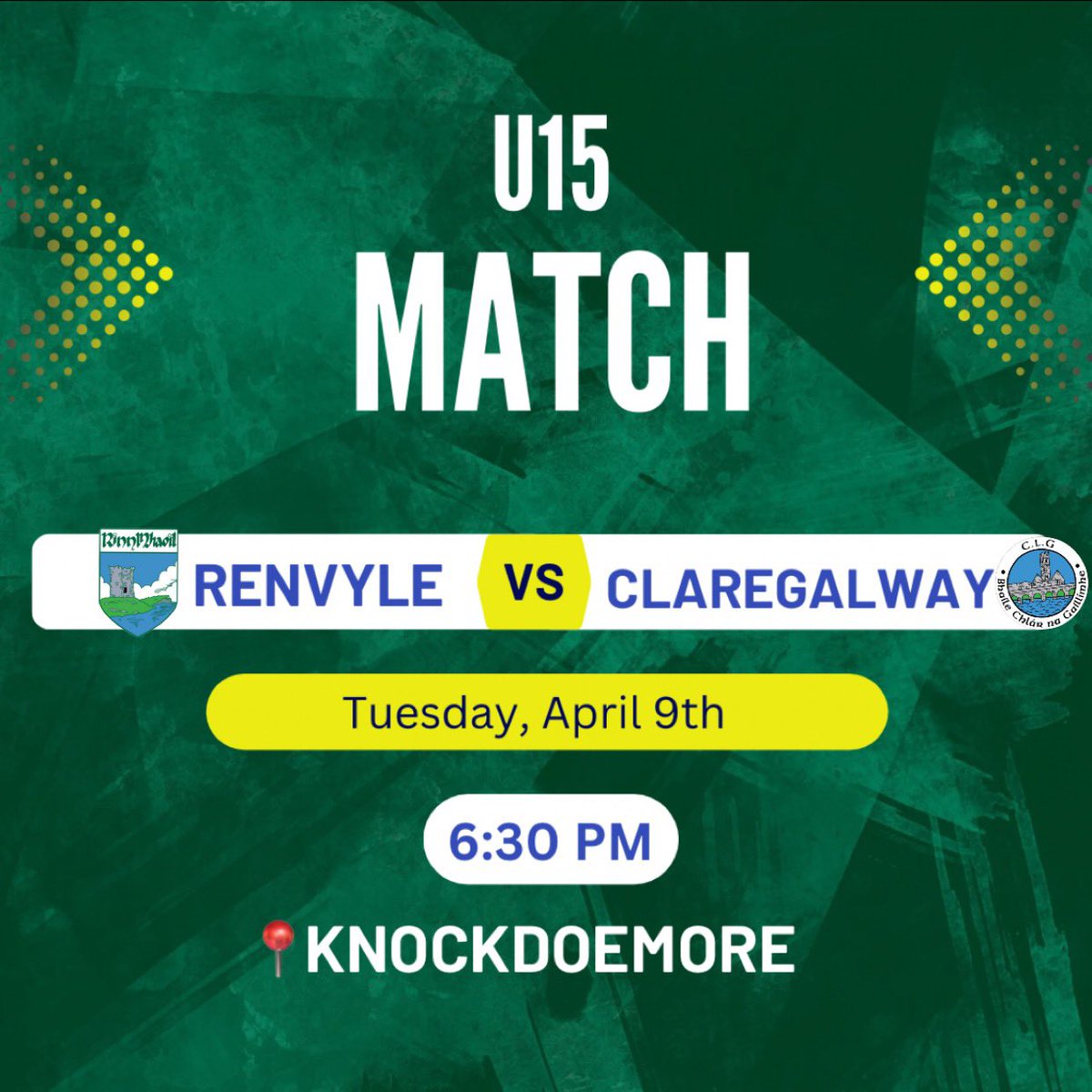 Best of luck to our U15 team in their first game of the 2024 season. This evening, they take on Claregalway in the FBD league at 6:30 in Knockdoemore 💚💛