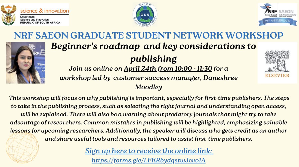 Are you a first-time publisher looking to learn more about the process of publishing your paper ? Join us on 24 April from 10:00 - 11:30 for the online workshop led by Daneshree Moodley. Register here for the meeting link: forms.gle/LFKRbydqstwJcv…