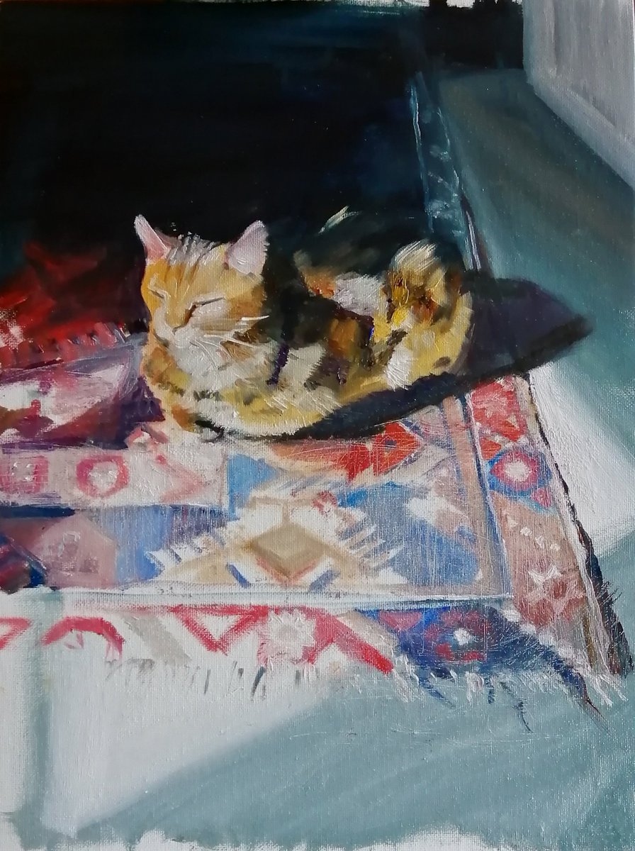 Cat on a sunny Persian mat, almost finished rosemaryburnartist.com #art #artgallery #artcollector #dailypainter #contemporarypainting #contemporarybritispainting #britishpainting #britishpainter #cat #bengalcat #catlife #wip