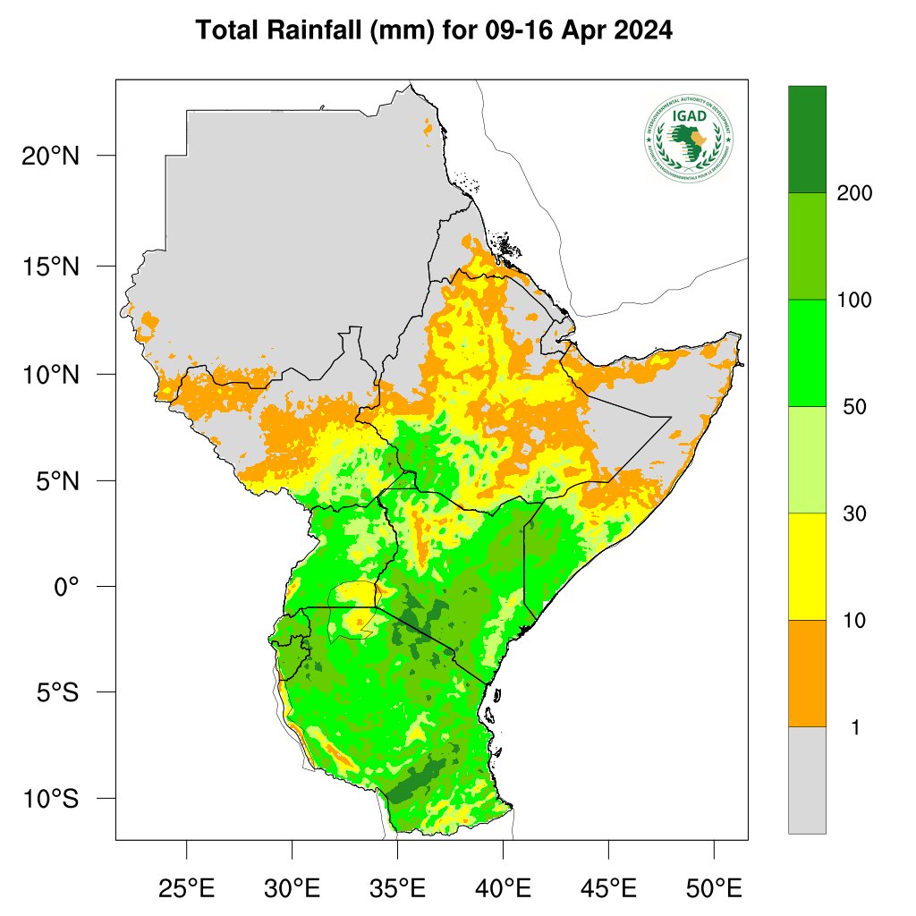 ▶️ Weekly rainfall forecast 09 - 16 April 2024 ⛈️🌧️ Heavy rainfall (more than 200 mm) expected over few areas in southern #Tanzania and south-western parts of #Kenya. Read more 👉🏿 shorturl.at/cuS25 #rainfall #forecast