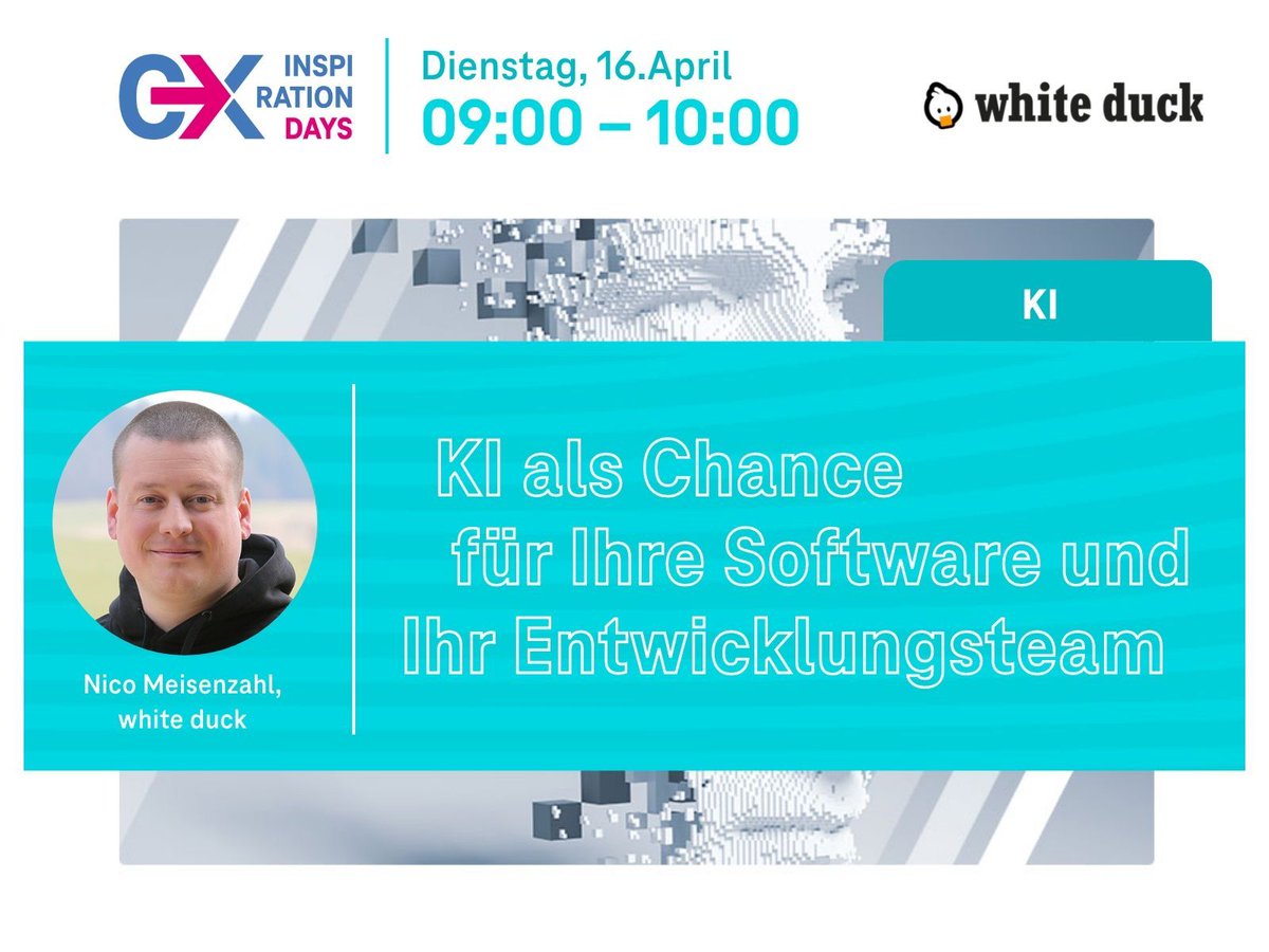 📢 Unser Experte Nico hält den Vortrag 'KI als Chance für Ihre Software und Ihr Entwicklungsteam' am 16.04. 📢 Wir sind froh, dass wir wieder Teil der Inspiration Days sind 🙌🏻 🖇️ Zur Anmeldung: buff.ly/3vxLeJO #Business #InpirationDays #KI #Software