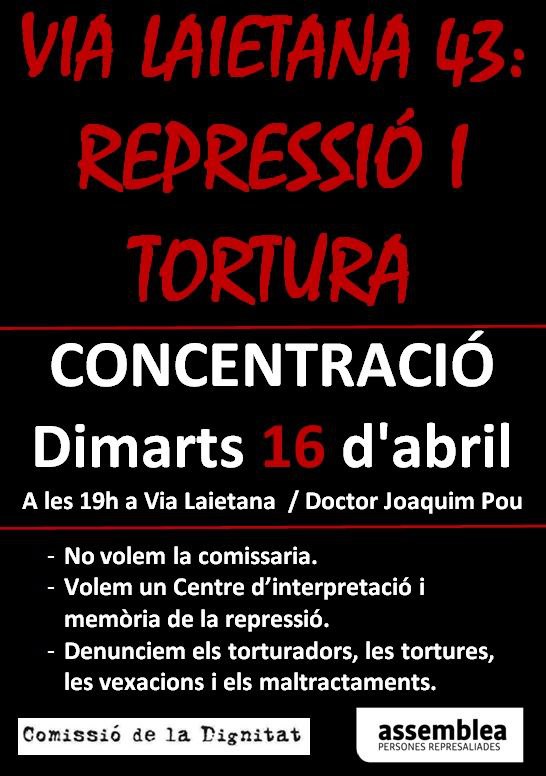 Dimarts 16 a les 19 h a Via Laietana 43, tindrem el testimoni de dos metges que van assistir a persones torturades. Antoni Borràs Gaju, també detingut, dit per la seva filla Laura Borràs, i el de Joaquim Ramis Coris, dit pel seu fill Toni Ramis. No ens aturarem No ens aturaran