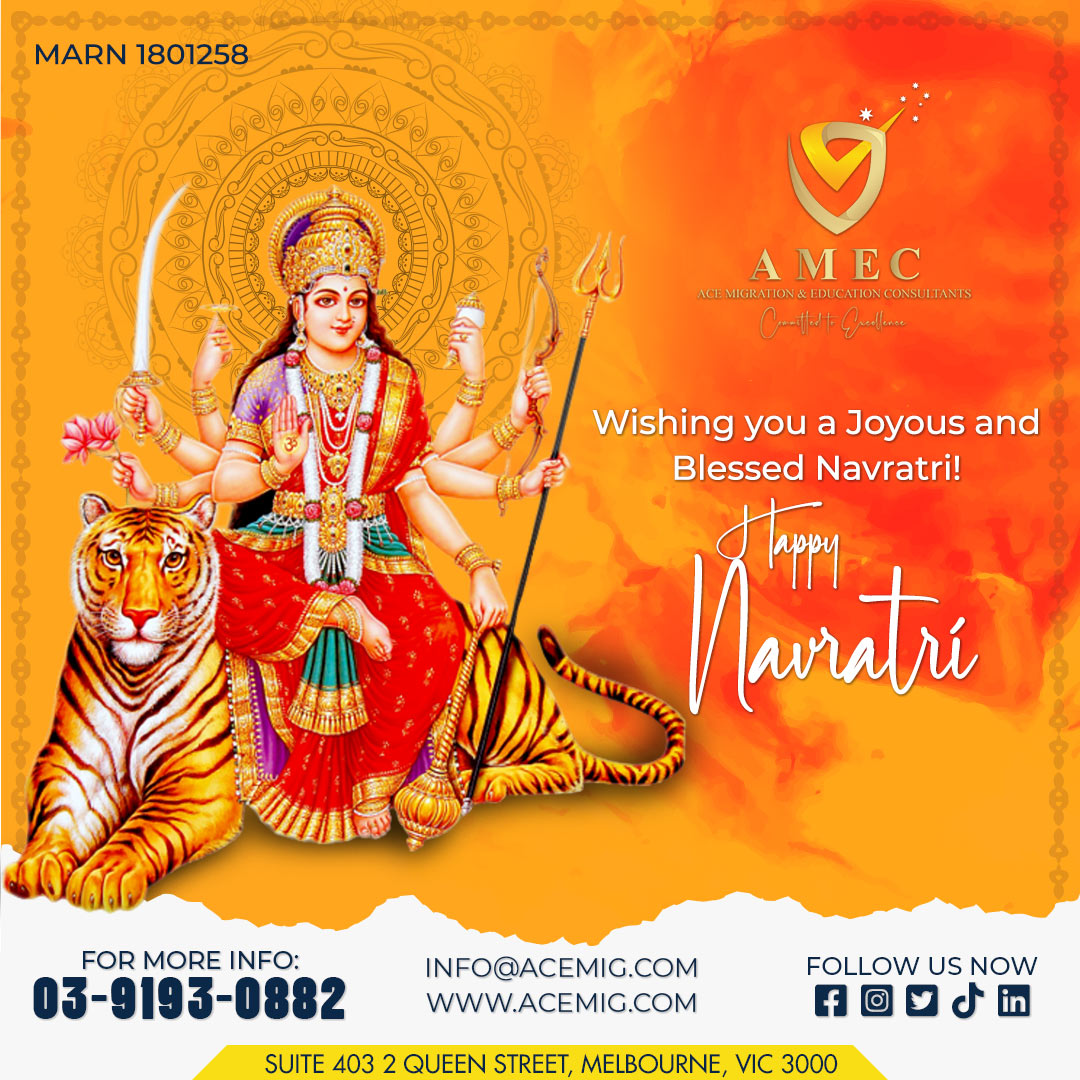As the festival of Navratri begins, may you be blessed with prosperity and happiness. May the divine energy of the goddess fill your life with joy, success, and abundance. 

#NavratriWishes #melbourne #visaupdates #amecaustralia #acemigrationandeducationconsultants