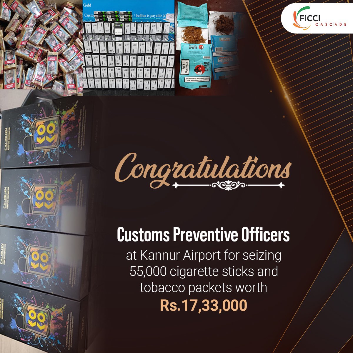 Kudos to the exceptional team of Customs Preventive Officers at Kannur Airport! Their recent seizure of 55,000 cigarette sticks and tobacco packets, valued at Rs. 17,33,000, not only upholds law and order but also safeguards public health. #IndianCustomsAtWork #Seizures