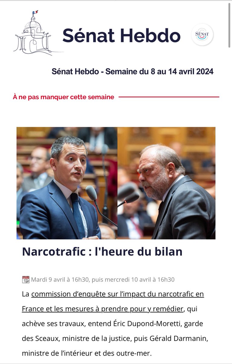 Dans le cadre de la commission d’enquête sur l’impact du narco trafic en France, nous auditionnerons : 👉@E_DupondM le 9/4 à 16h30 👉@GDarmanin le 10/4 à 16h30 👉pour suivre en direct, rdv sur senat.fr/travaux-parlem…