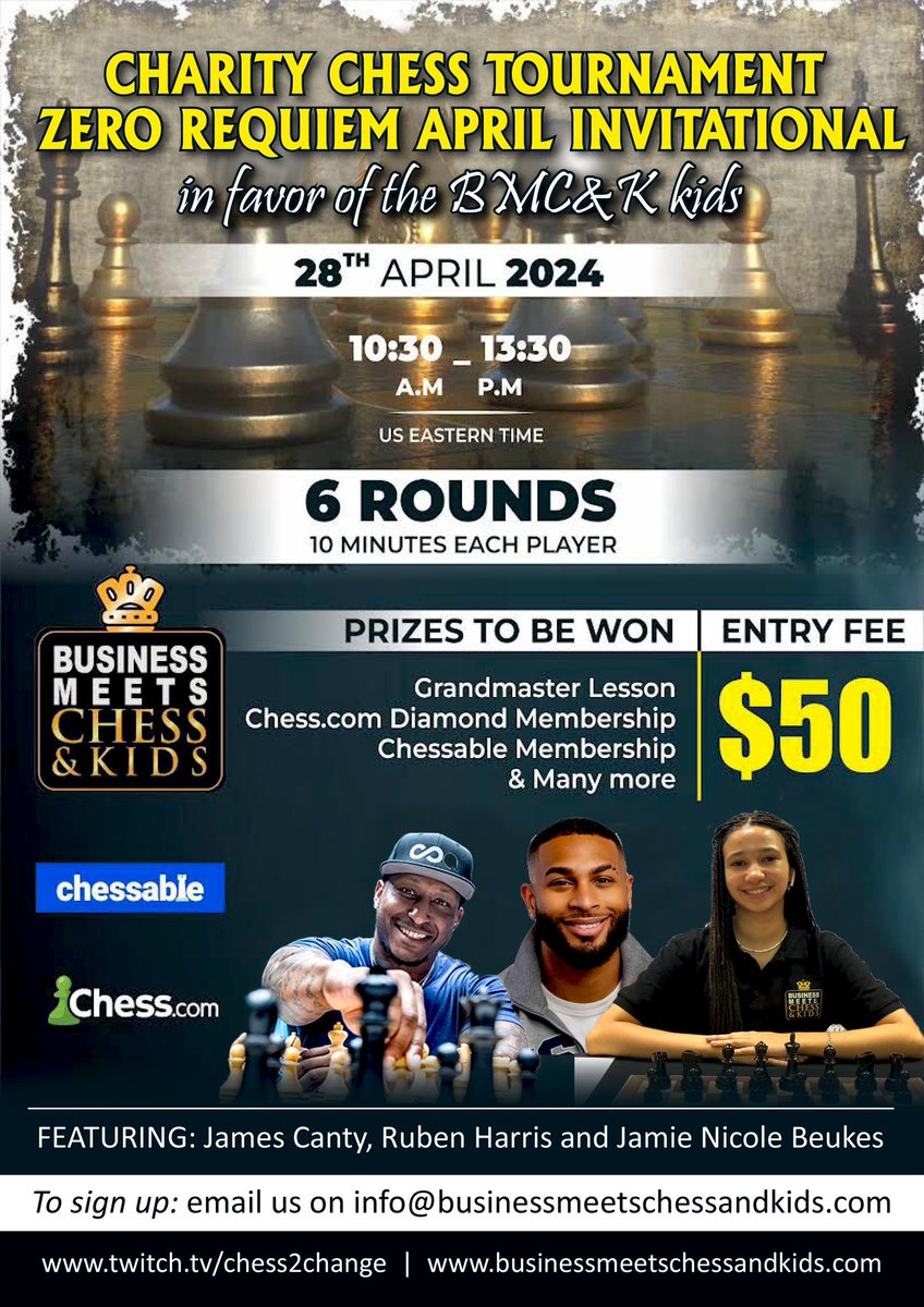 Charity Chess Tournament Zero Requiem April Invitational in favor of the BMC&K kids. We invite all chess enthusiasts, business people, and those who want to support to join this event and be part of a global change movement! Sign up: form.jotform.com/240524508336554