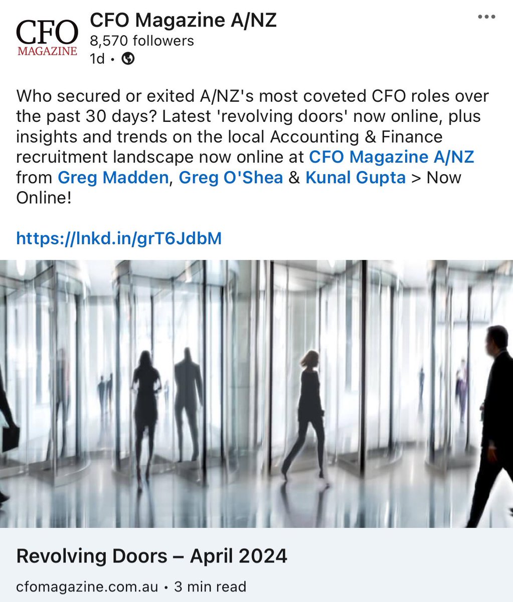 Revolving Doors &gt; Find out which CFOs secured and exited A/NZs top finance jobs this past month &gt; Now online &gt; CFOMagazine.com.au #cfojobs