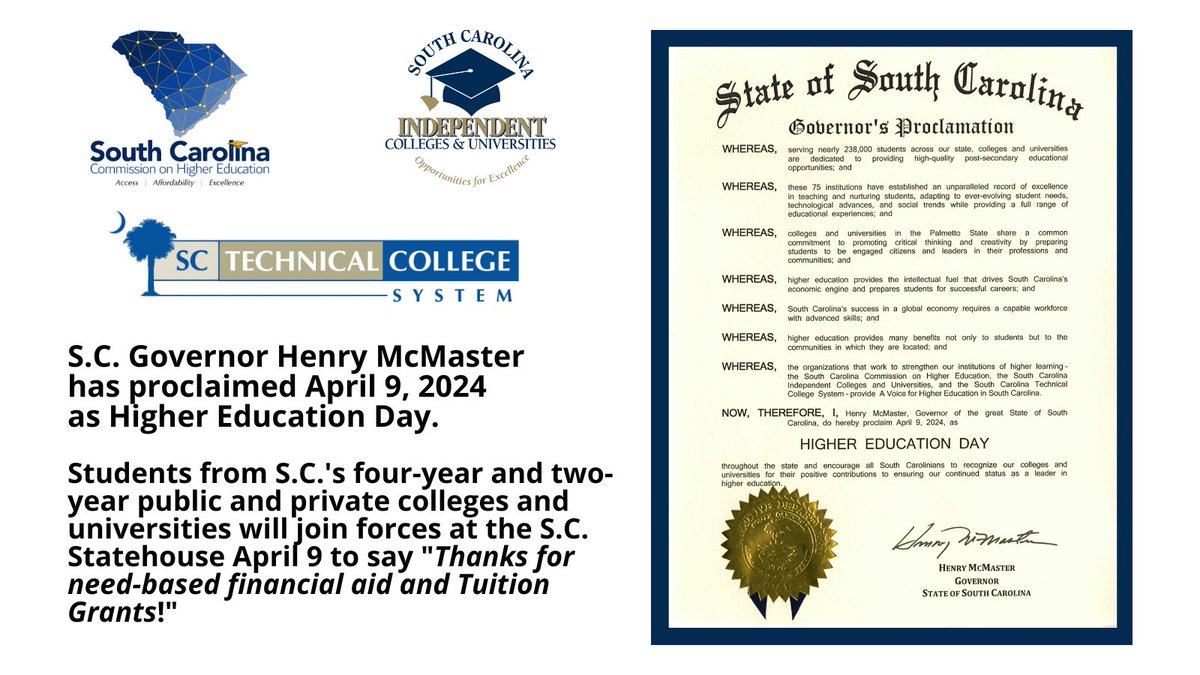 Students from #SC's private & public colleges & universities are joining forces TODAY @ the Statehouse to say 'Thanks for #TuitionGrants & need-based #financialaid!' Excited to have Lt. Gov. @PamelaEvette @ our proclamation ceremony! #SCICU @SCCommHigherEd @SCTuitionGrants #SCPol