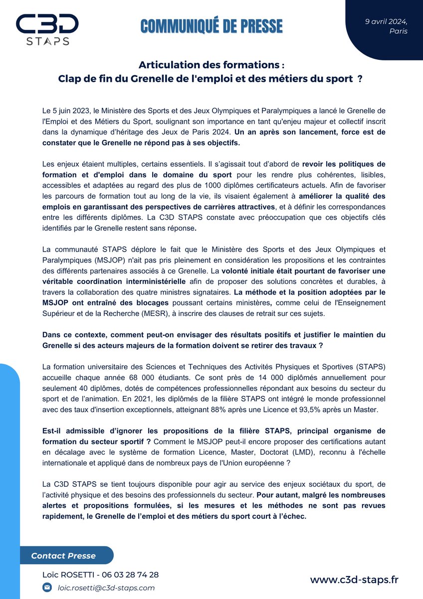 𝘾𝙤𝙢𝙢𝙪𝙣𝙞𝙦𝙪𝙚́ 𝙙𝙚 𝙋𝙧𝙚𝙨𝙨𝙚 📰
➡️ Un an après son lancement, la Conférence des Directeurs et Doyens d’UFR STAPS (C3D STAPS) force est de constater que le Grenelle ne répond pas à ses objectifs.