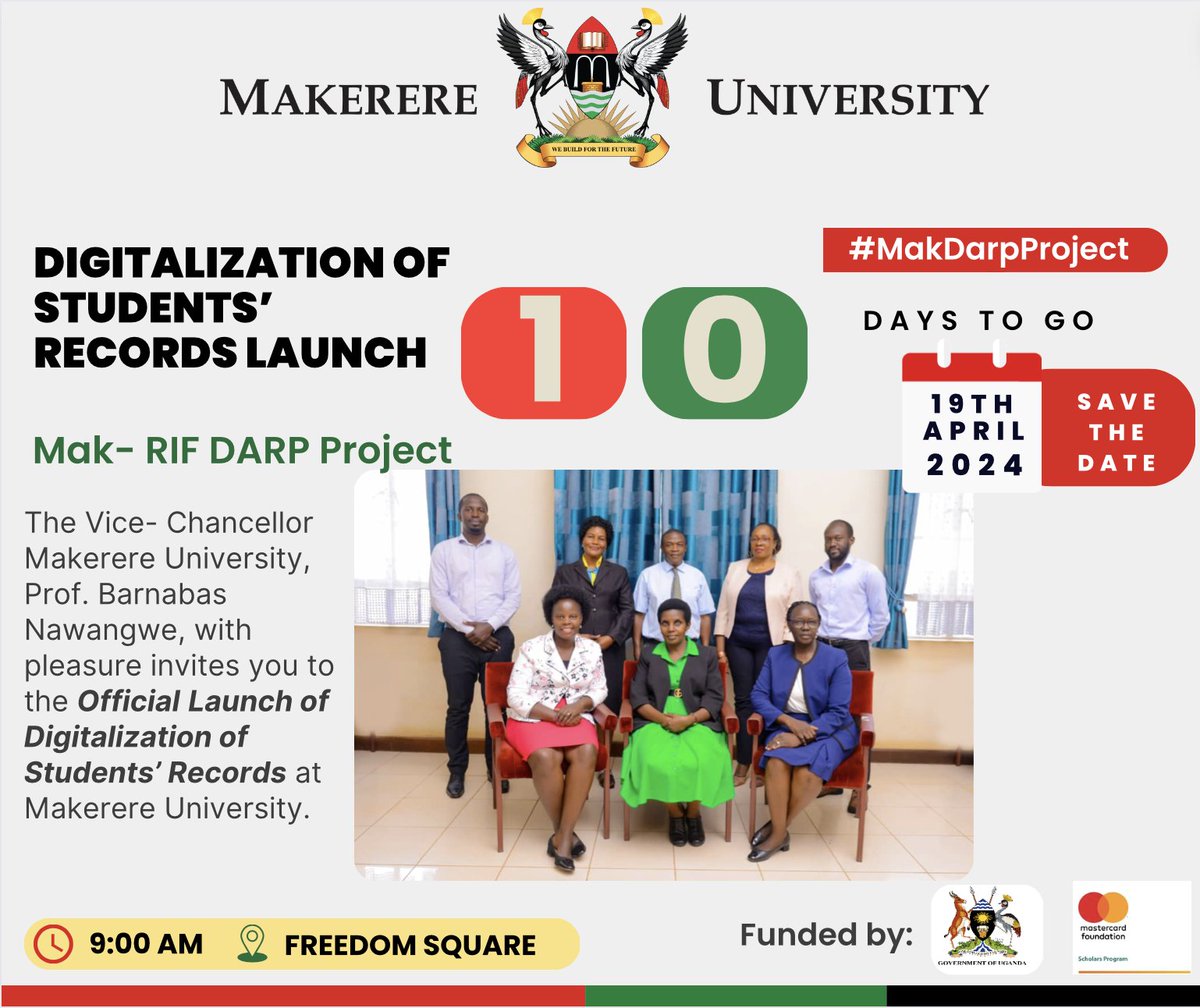 #10DaysToGo Look out for the launch on 19th April, 2024. The First Lady @JanetMuseveni and Min. @Educ_SportsUg will be the Guest of Honour. Prof. @ProfNawangwe invites you all. Venue: @Makerere Freedom Square. Time: 9:00 AM