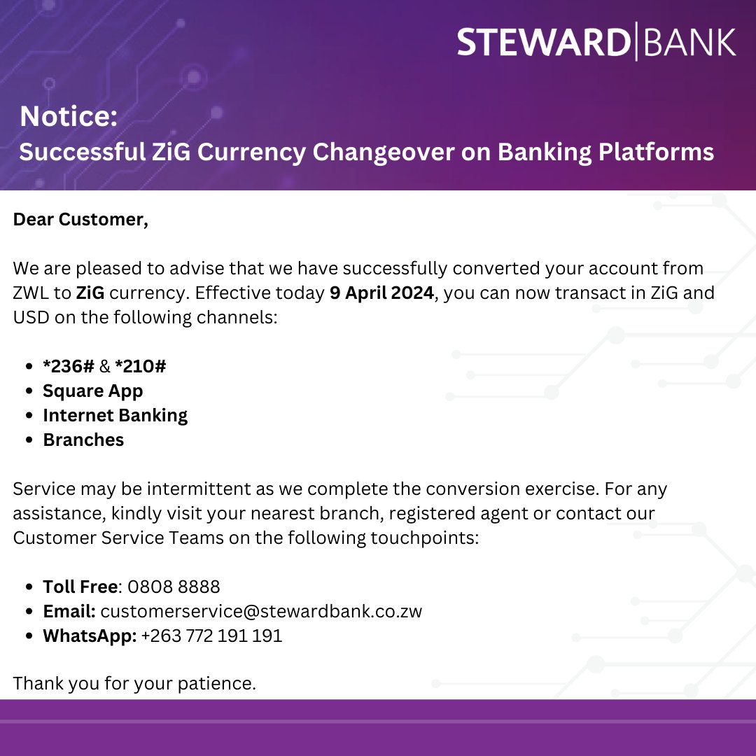 Notice: Successful ZiG Currency Changeover on Banking Platforms