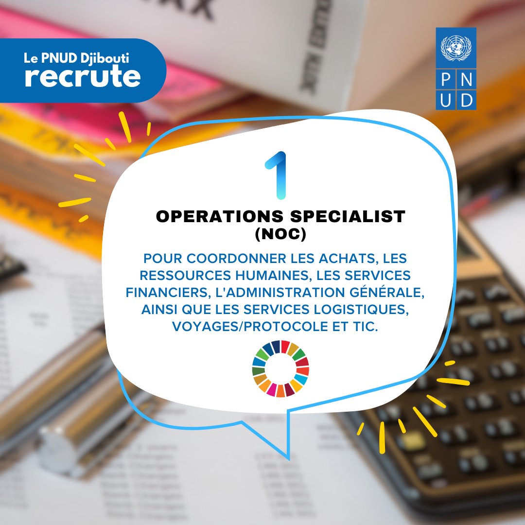 Le @PNUDDjibouti recherche son 'Operations Specialist' pour coordonner les activités du bureau en matière d'achats, de gestion des RH, de finances, d'administration, de logistique et de TIC. 📁Candidatures avant le 22 Avril, 23h59 heure de NY. ➕ d'info : ow.ly/Ghtv50Rb3Ke