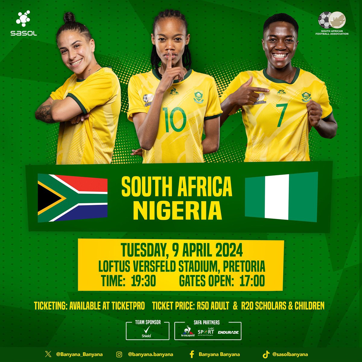 Banyana_Banyana's tweet photo. 🚨MATCHDAY🚨

⚽️🇿🇦🆚️🇳🇬 
🗓️TODAY, 09 April 2024 
🏟️Loftus Versfeld
⏰19:30 (CAT)
📺@SABC3 and @SuperSportTV 204
🎟️ https://t.co/epxNjoLTk0

See you at Loftus Versfeld! 💚💛

#LiveTheImpossible #NotDoneYet https://t.co/F224FlG3P4