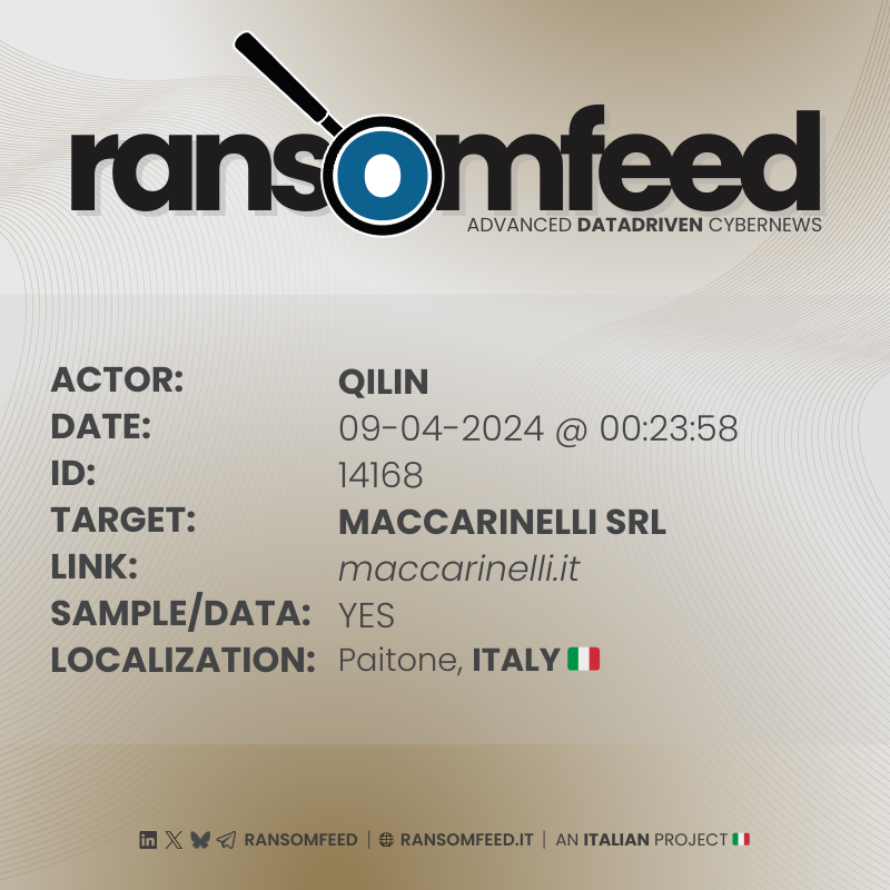 𝗔𝗰𝘁𝗼𝗿: #qilin 𝗩𝗶𝗰𝘁𝗶𝗺: Maccarinelli SRL | maccarinelli.it 𝗖𝗼𝘂𝗻𝘁𝗿𝘆: Italy 🇮🇹 𝗦𝗮𝗺𝗽𝗹𝗲: yes 🔗 ransomfeed.it/index.php?page… #ransomfeed #ransomware #security #infosec