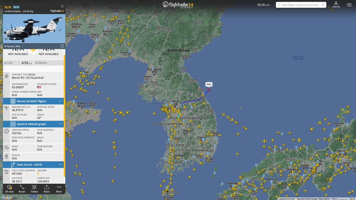 AIYeyENGDdJkjTr's tweet photo. Apr. 9, 2024
#Pyeongtaek Camp Humphreys Airfield #East coast & MDL
#NoCALLSIGN #AE120A US Army RC-12X Guardrail
#Pyeongtaek Camp Humphreys Airfield #West Sea
#NoCALLSIGN #AE10DE US Army RC-12X Guardrail https://t.co/oWhuIer8Kr