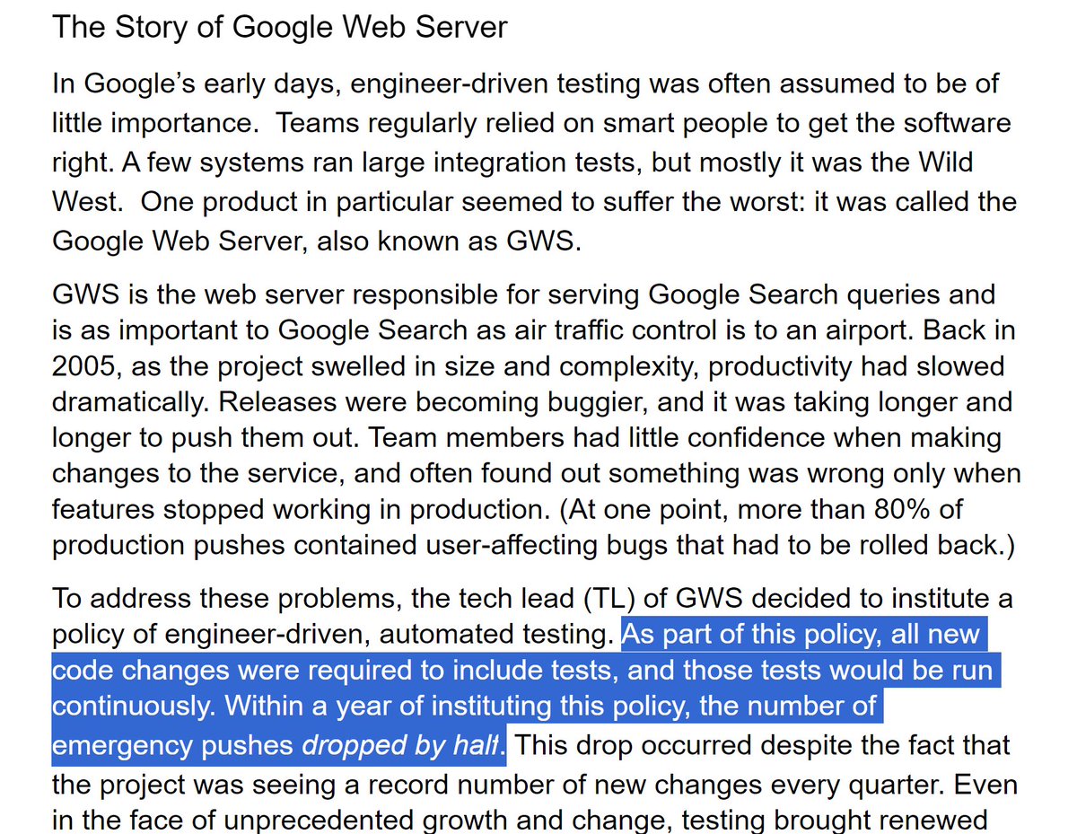 Back in the day, Google changed their unit testing policy so that all code changes were expected to have unit tests. This reduced the number of 'emergency pushes' by half (!). Pretty cool! abseil.io/resources/swe-…