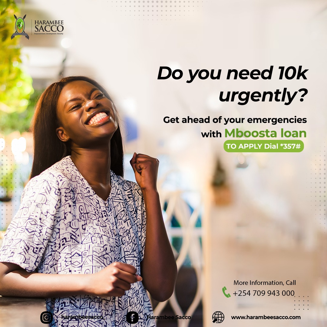 You need 10k urgently? 
We got you bro!

Apply Mboosta loan by dialing *357# option 5. 

#ThisIsTheTurningPoint #Mboostaloan #BeBold #OnlineLoans #loans #HarambeeSacco