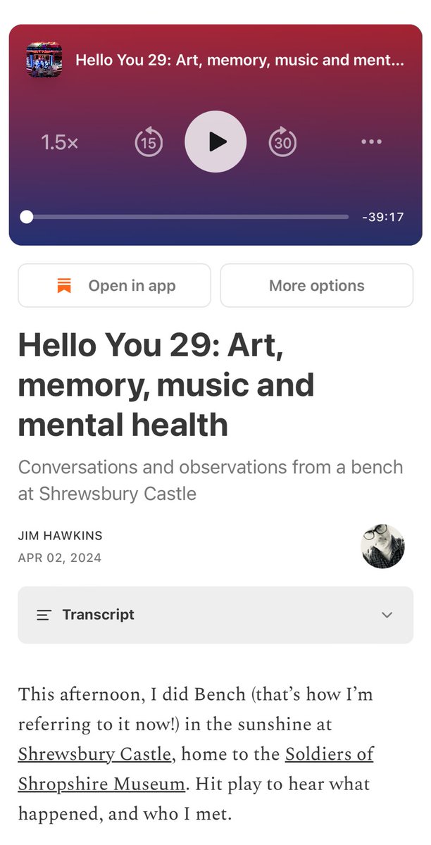 evmoregirl's tweet image. #helloyou29 from Shrewsbury Castle 🏰 

@jimallthetime on a bench with a coffee from the @severnhospice pop up coffee shop 

Lovely chats about Art, exciting news,  a soundscape, children laughing, almost hear spring 

jimallthetime.substack.com/p/hello-you-29…

Hope the #helloyoufamily are well 👋🏼