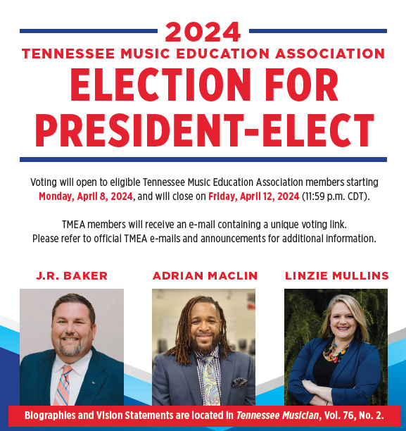 TMEA Members: Please check your email for information regarding the 2024 TMEA Election for TMEA President-Elect.

Voting window:
Monday, April 8, 2024 - Friday, April 12, 2024 (11:59pm CDT)