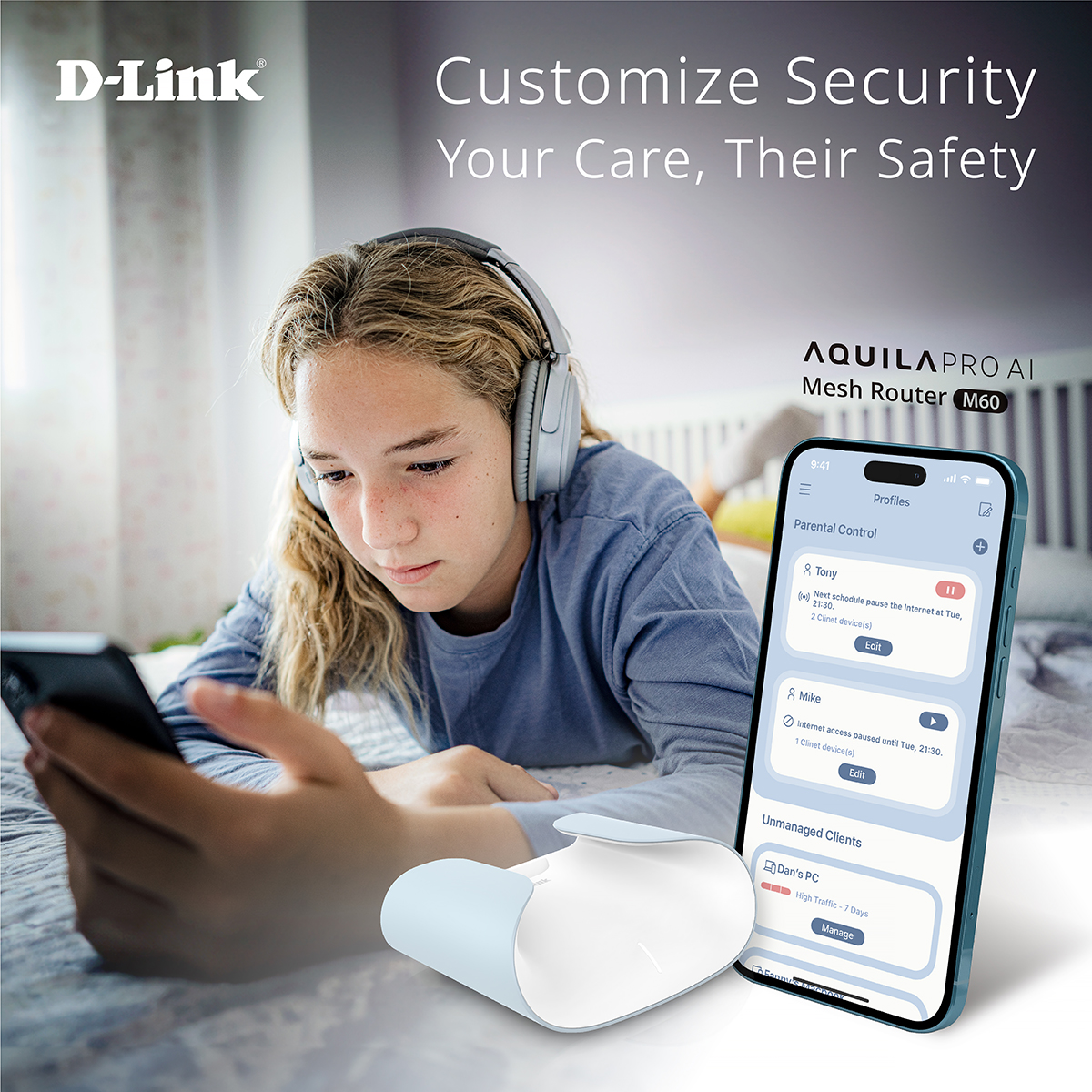 DLink_Global's tweet image. Discover a safer digital world for your children with AQUILA PRO AI Wi-Fi 6 Smart Mesh Router.

Our app features Advanced Parental Controls, making it effortless to manage your children&apos;s online activities.

Learn more: reurl.cc/g4gRG4

#Dlink #AQUILAPROAI #WiFi #WiFi6